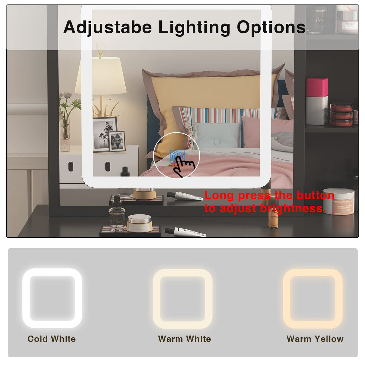 Homsee Vanity Desk Set Makeup Table with Large Sliding Lighted Mirror, Dressing Table with 5 Drawers, Storage Shelves & Cushioned Stool for Bedroom, Black Homsee