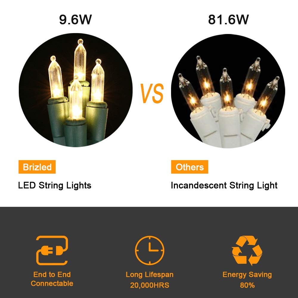 Brizled Warm White LED Christmas Lights, 2 Pack 33ft 100 Lights, Connectable for Trees, Home, Party, Indoor and Outdoor Decor Brizled
