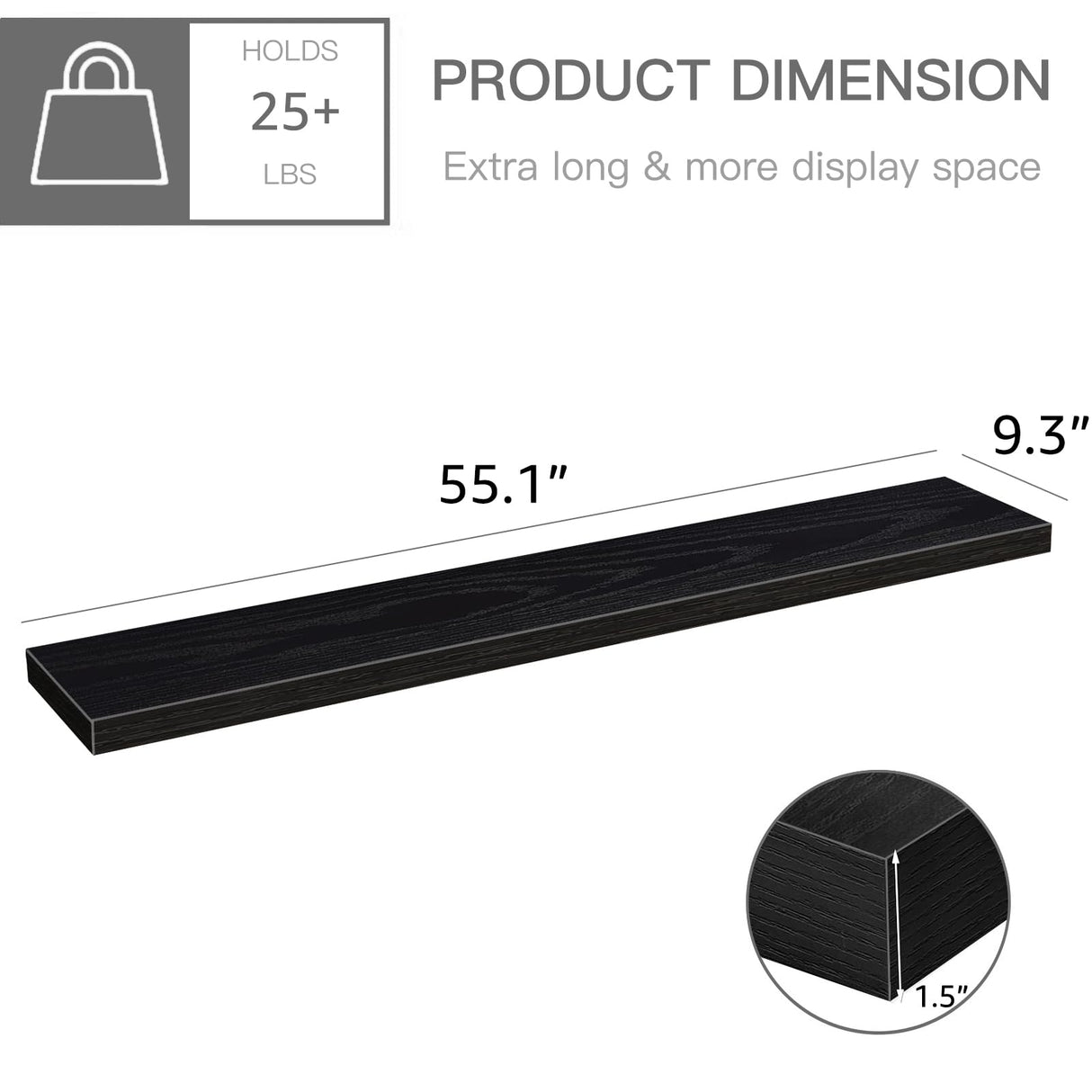 QEEIG Bathroom Shelves 55 inches Long Wall Shelf Large Extra Long 55 x 9 inch Set of 2, Black (008-140B) QEEIG