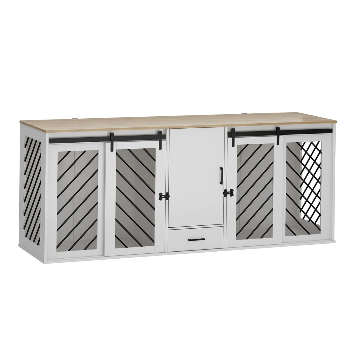 DAWNSPACES Furniture Dog Crate,81.5" Heavy Duty Wooden Dog Cage Kennel with a Storage Drawer, Shelves,Sliding Doors,Indoor Furniture Style Dog Crate Table,Dog House for Medium Dogs,White DAWNSPACES