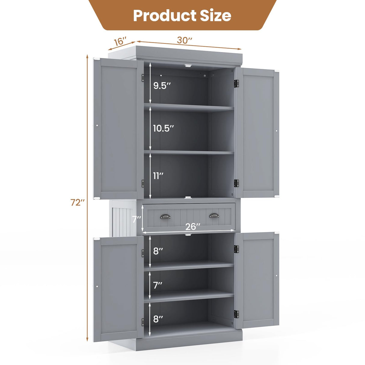 Giantex Pantry Organizers and Storage, 72" Tall Kitchen Cabinet with 2-Door Cabinets & Drawer, Buffet Sideboard w/Adjustable Shelves, Wooden Freestanding Cupboard for Dining Room Living Room (Grey) Giantex