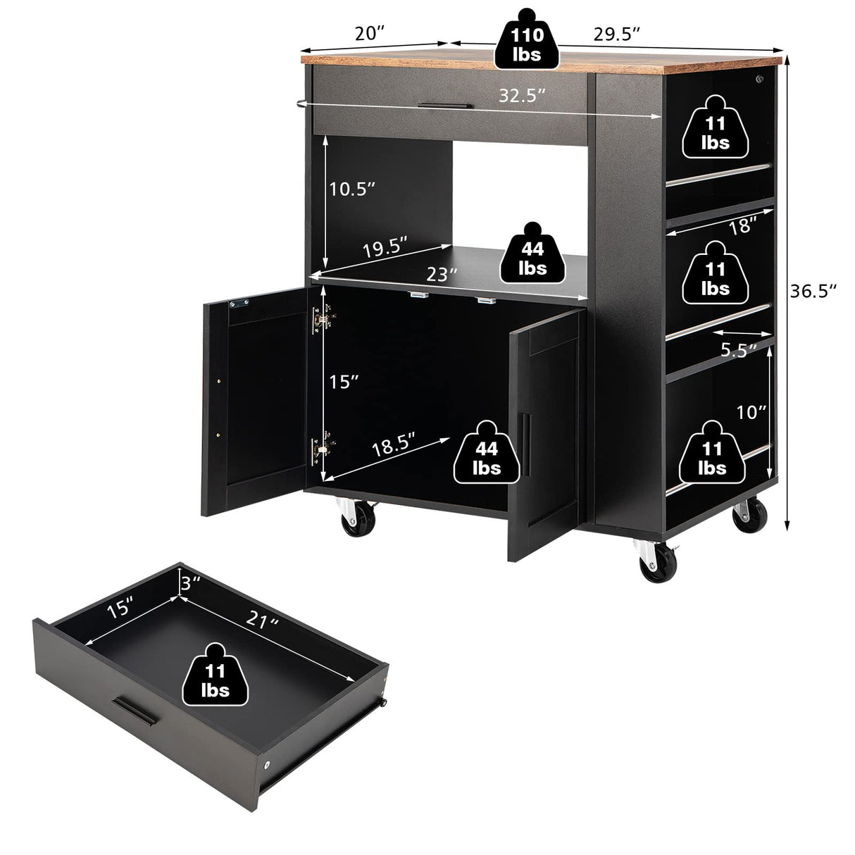 Giantex Kitchen Island on Wheels, Rolling Kitchen Trolley with 3 Spice Racks, Drawer, Open Shelf, 2-Door Cabinet, Kitchen Serving Cart with Towel Rack & 2 Lockable Casters (Black) Giantex