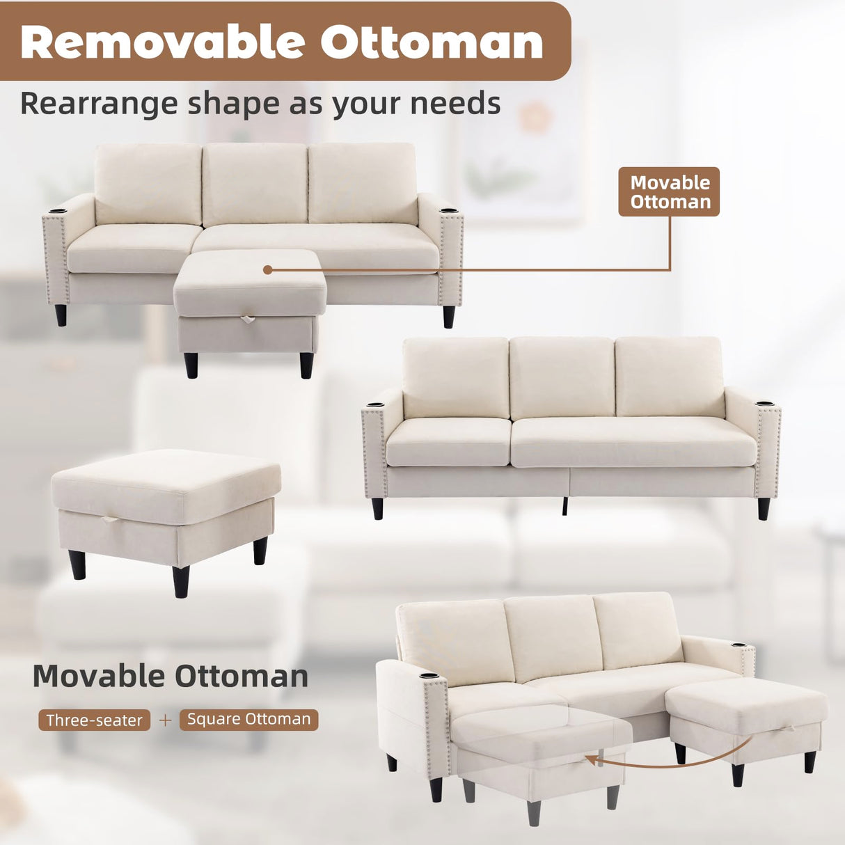 Siiejia Convertible Sectional Couches for Living Room, L-Shaped Couch 3 Seats Sofas with Storage Chaise & 2 Cup Holders, Small Sofa for Apartment, Compact Spaces, Beige Siiejia