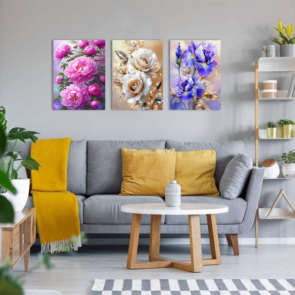 Hestarcul 5D Flower Diamond Painting Kits 3 Pack,Diamond Art Kits for Adults,Paint with Diamonds Round for Gift,Wall Decor (Flower) Hestarcul