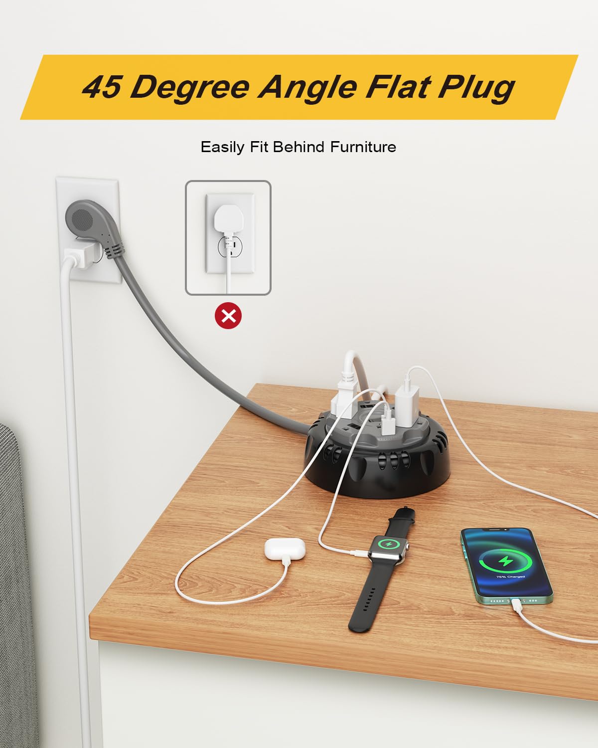 Retractable Power Strip Extension Cord Reel with USB C PD 20W, Flat Plug Travel Power Strip Surge Protection with 5 AC 3 USB Ports, 10FT Travel Extension Cord Portable Outlet, Black Grey Kungfuking