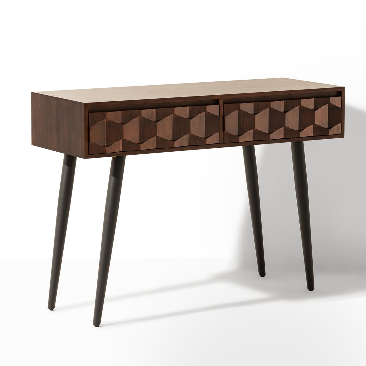 Bme Console Modern Mid-Century 2 Drawers, Unique Geometric Design Sofa Table for Entryway, Hallway, Living Room, Walnut Bme