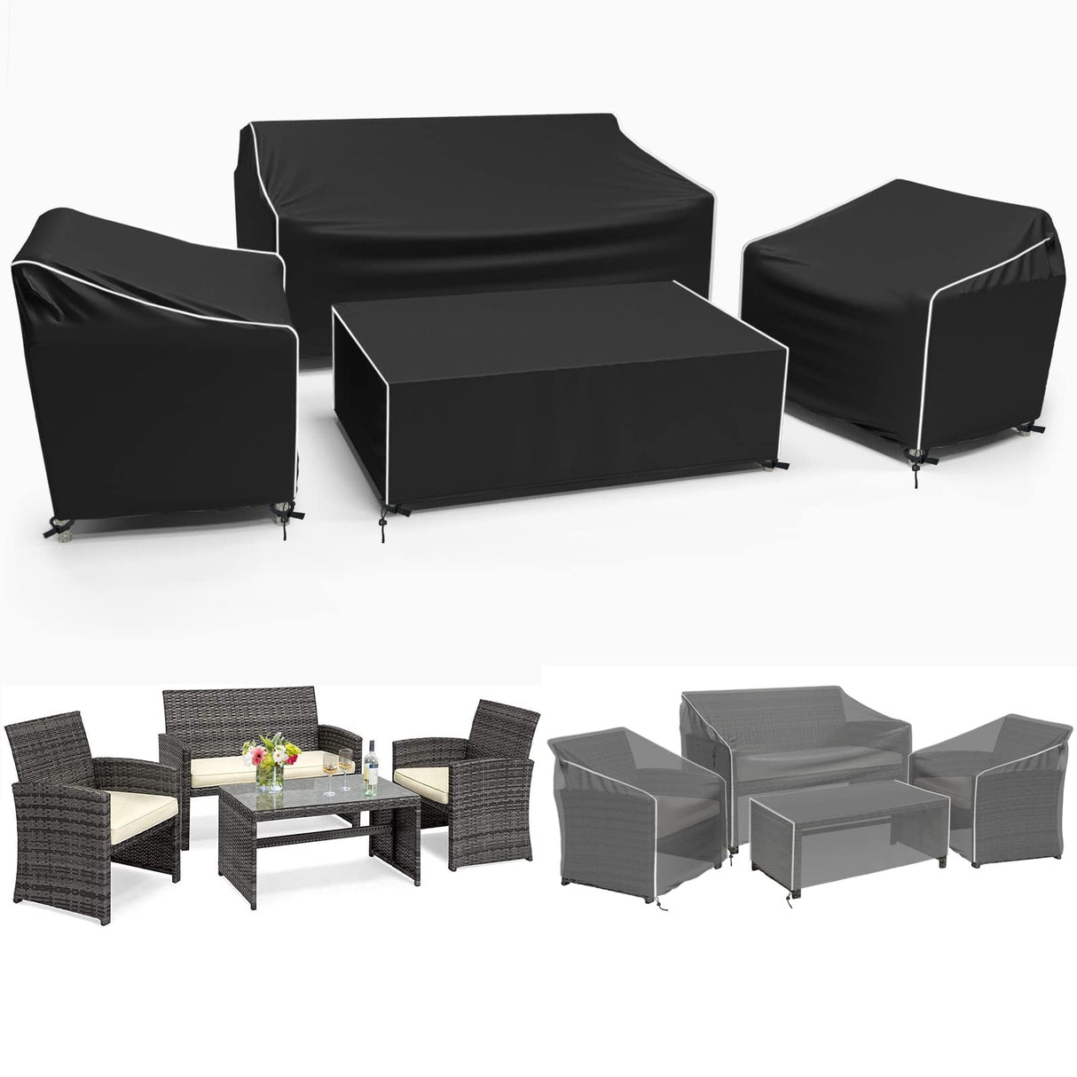 Gasadar Outdoor Furniture Cover Waterproof, 4 Piece Patio Furniture Covers, 600D Patio Furniture Set Covers, Patio Covers includ: Outdoor Loveseat Cover, 2 Chair Covers, Coffee Table Cover -XL -Black Gasadar