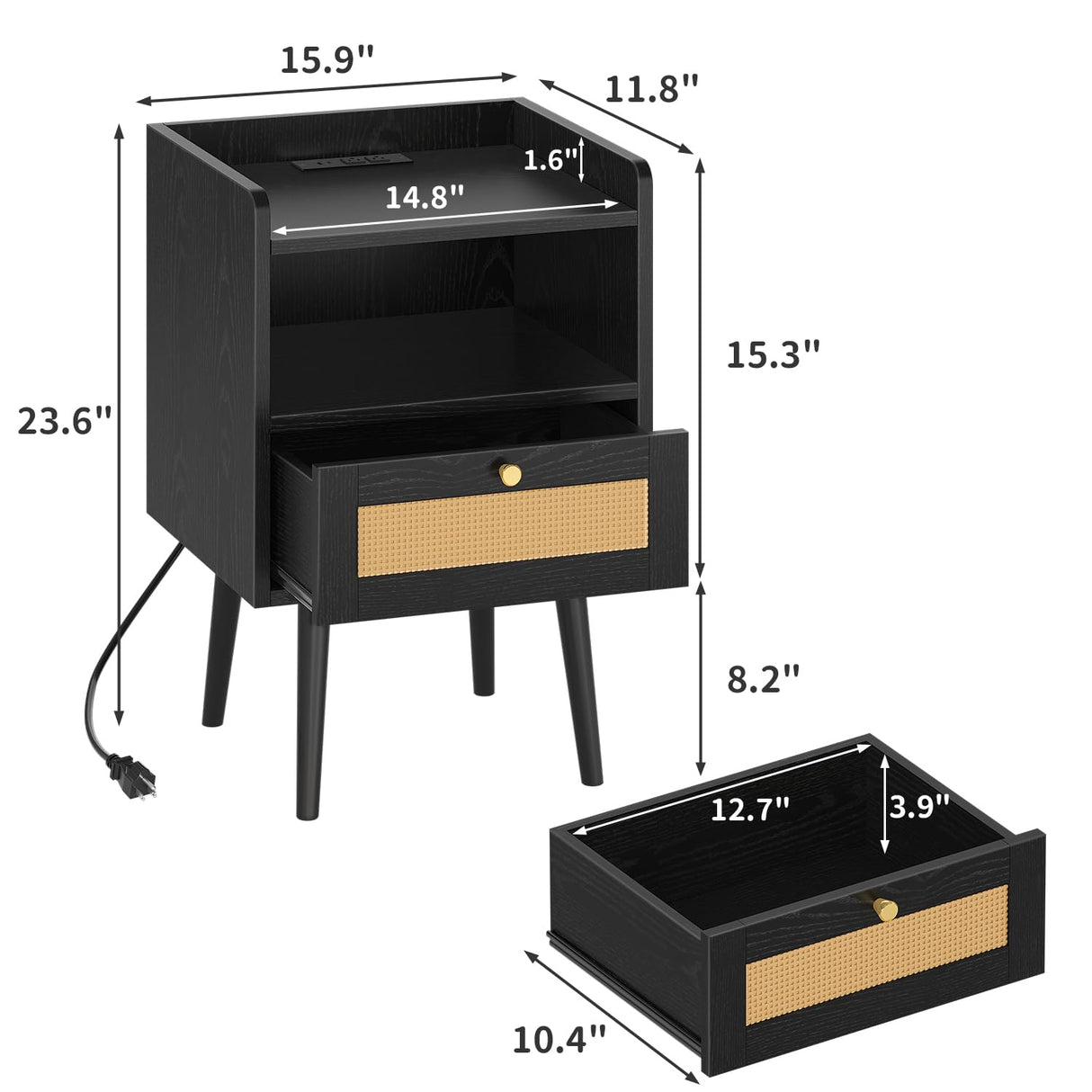 Night stand Set of 2, Bedside Tables with Charging Station, Rattan End Tables, Boho Bed Side Tables, Wood Nightstands set of 2 for Farmhouse Bedroom Living Room Dorm Sofa Couch Office Corner (Black) MECHYIN