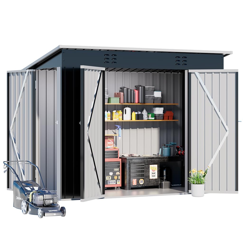 COMHOMA Shed Outdoor Storage Shed Metal,Lockable Doors Tool Sheds with Sloping Roof,Steel Garden Shed with Air Vent for Backyard,Patio,Lawn,Poolside (Grey, 8'*4') COMHOMA