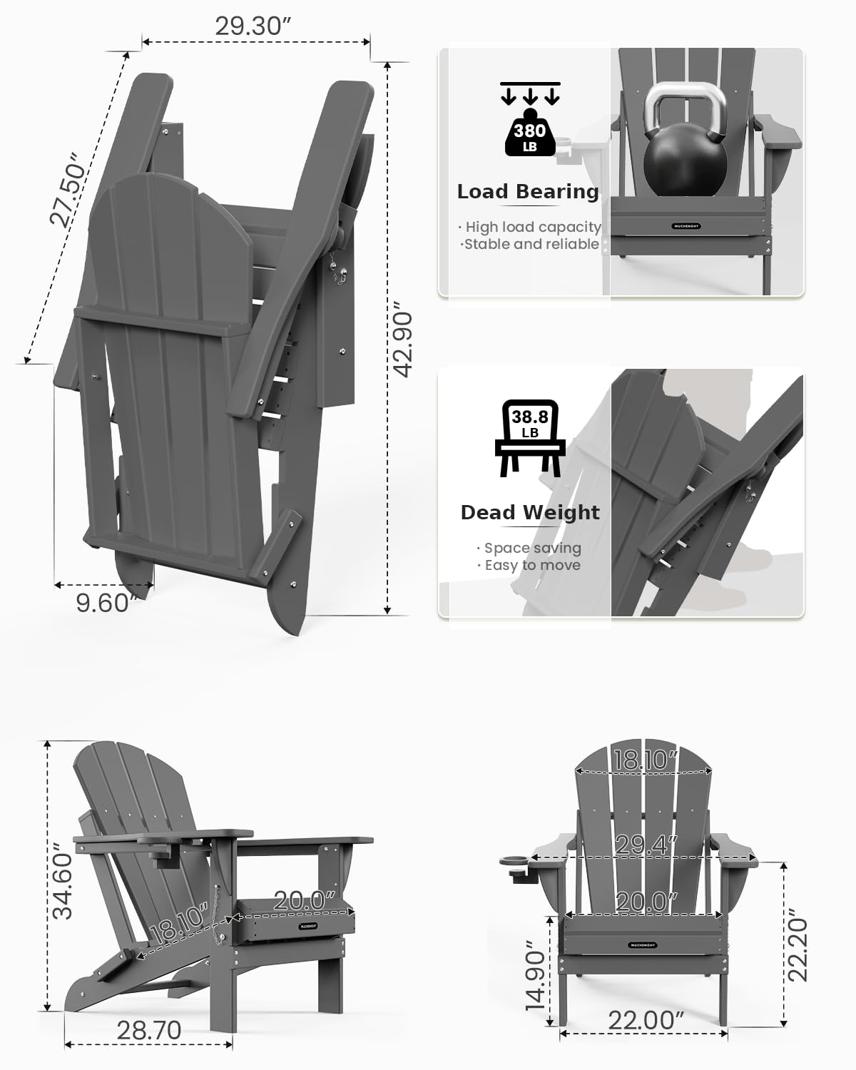 MUCHENGHY Folding Adirondack Chairs HDPE Weather Resistant, Patio Firepit Chairs, Sturdy Outside Chairs, Lawn Chairs, 15min Assembly 380lb Grey MUCHENGHY