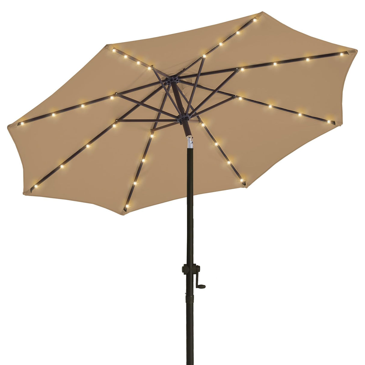 wikiwiki 10ft Solar Led Patio Umbrella, Sturdy Outdoor Market Umbrella for Deck, Pool, Garden w/Tilt, Crank, 32 LED Lights, Tan wikiwiki