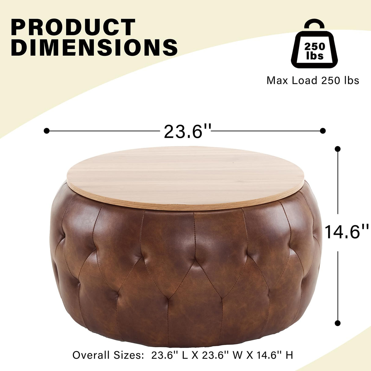 YDcosyfy PU Leather Round Storage Ottoman with Wooden Lid, 25 Inch Tufted Circle Ottoman Footrest Stool Bench Coffee Table for Living Room,Brown YDcosyfy