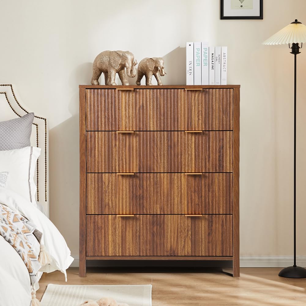 affeivul Mid Century Modern Dresser, 4 Drawer Dresser for Bedroom Wood, Farmhouse Wooden Storage Cabinet Side Table with Solid Wood Legs, Tall Skinny Dresser for Closet, Living Room (Walnut) affeivul