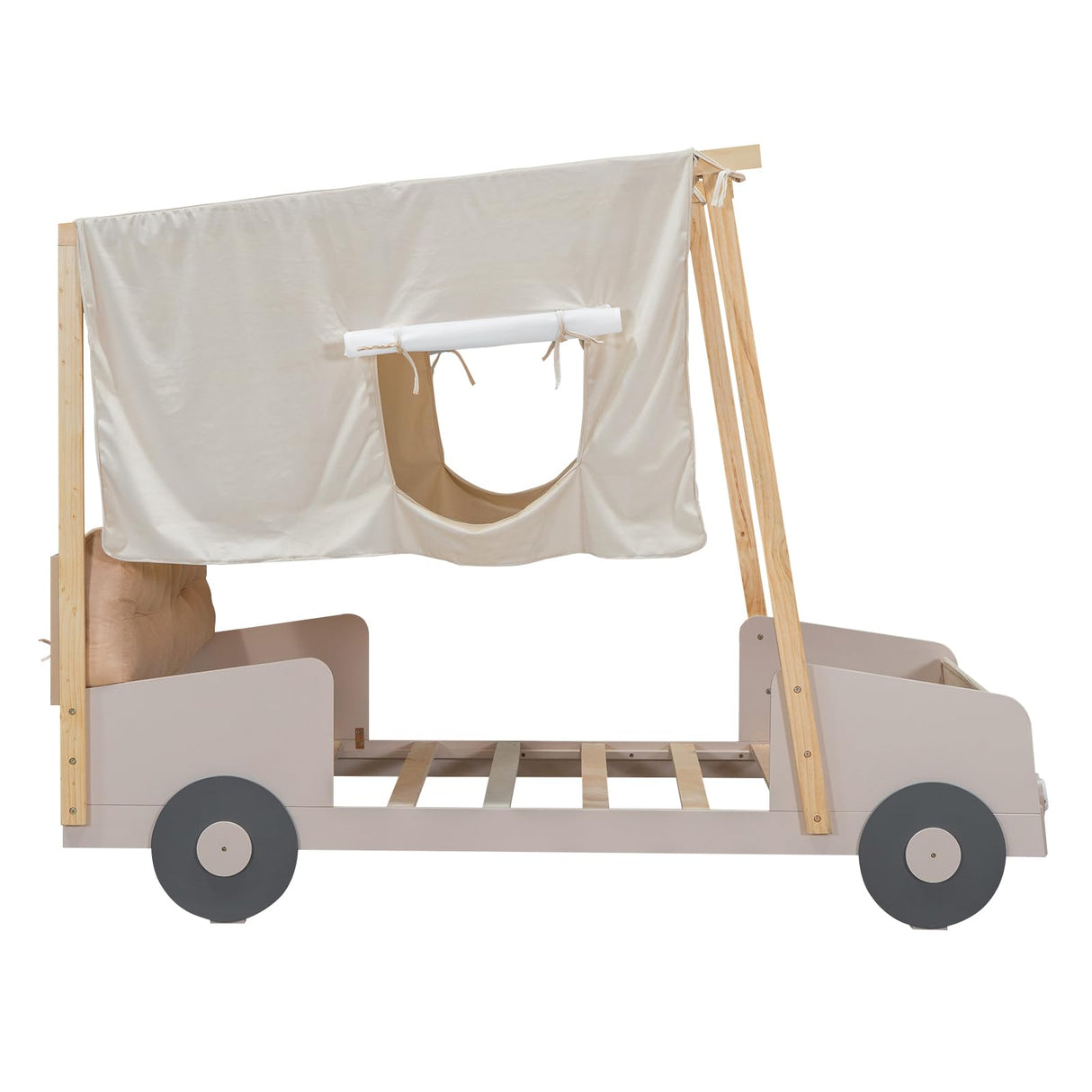 Harper & Bright Designs Twin Size Kids Car Bed with Pillow, Ceiling Cloth and LED Light, Twin Playhouse Bed Frame, Kids Canopy Bed, Wood Twin Platform Bed for Kids Boys Girls Teens (Natural, Twin) Harper & Bright Designs