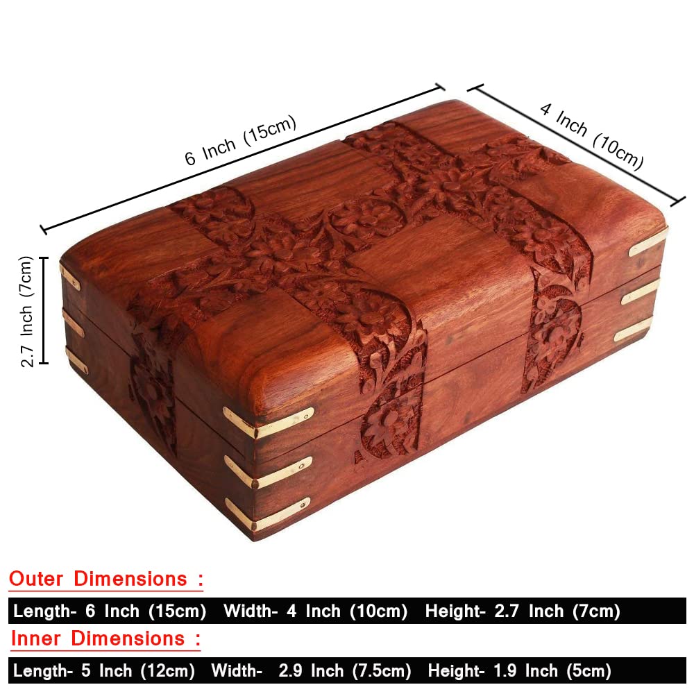 Ajuny Beautiful Wooden Handcrafted Decorative Jewelry Storage Box Patti Leaf Flower Carvings Multipurpose Treasure Chest Organizer Travel Keepsake Trinket Holder Watch Box Gift Ajuny