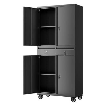 Metal Storage Cabinet with 360°Wheels and Drawers, 73" H X 30" L X 15" W Lockable Black Tool Cabinet with 4 Doors Lock-Adjustable Shelves and 2 Drawer, Utility Cabinet Ideal for Garage, Home, Office