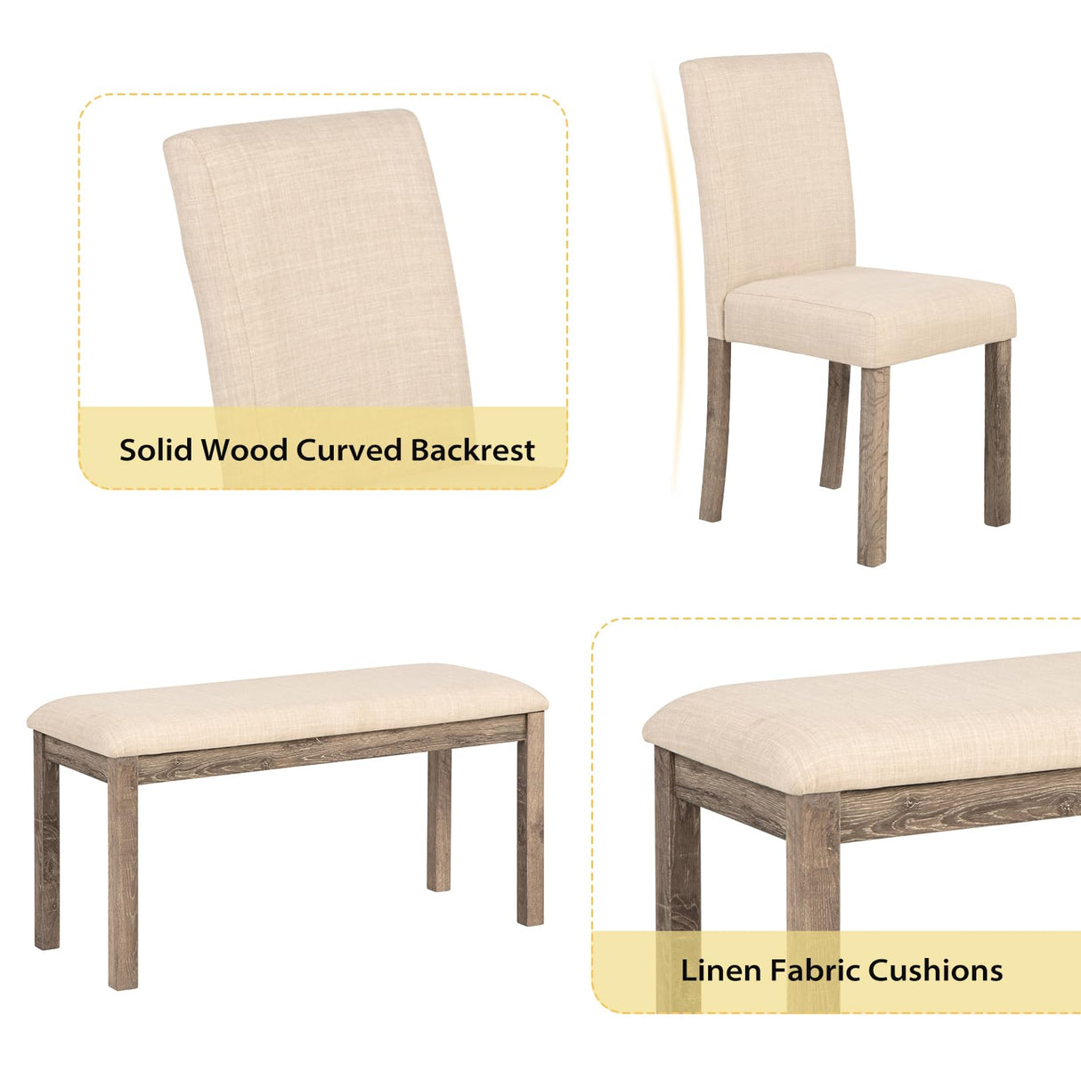 Zevemomo 6-Piece Solid Wood Dining Table Set, Including 1 Dining Table, 4 Upholstered Chairs and 1 Bench, Wooden Legs Dining Table Set for Dining Room, Kitchen, Restaurant, Brown Zevemomo