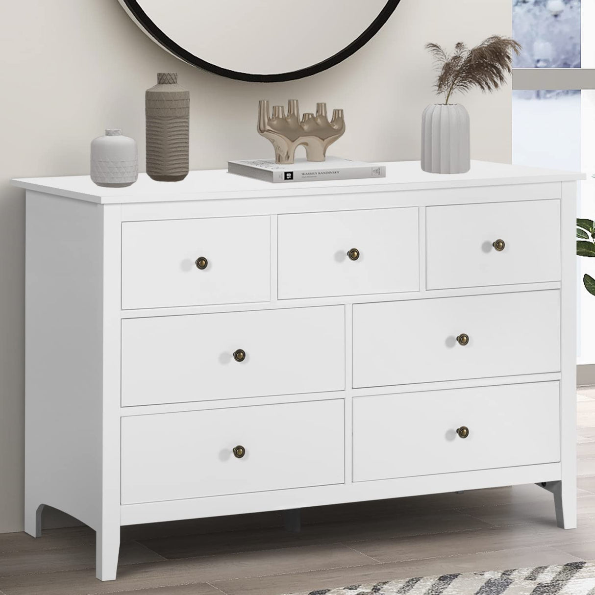 Vikiullf White Dresser - 47 in Modern Dresser for Bedroom, Wooden 7 Drawer Dresser, Storage Cabinet for Bedroom, Living Room, Hallway, Entryway Vikiullf