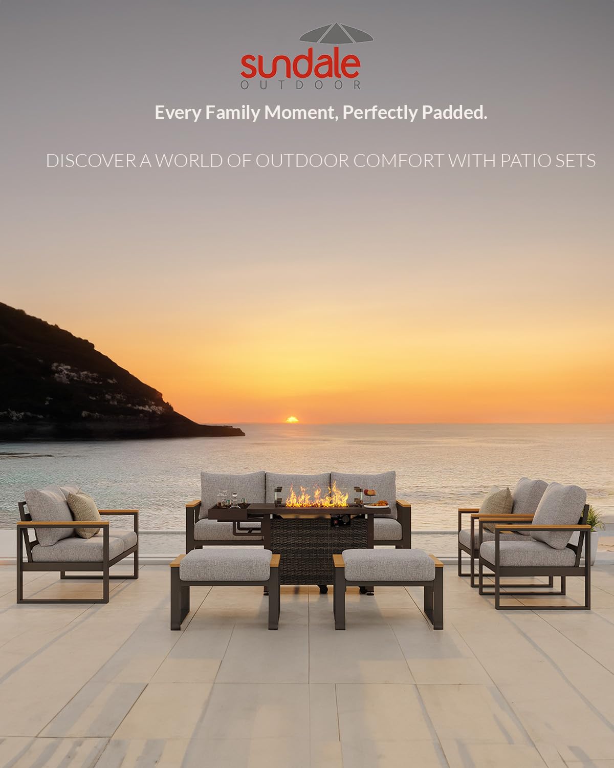 Sundale Outdoor Aluminum Patio Furniture Set w/Fire Pit, 7 Piece Modern Outdoor Furniture with 6 inch Cushion, Metal Patio Sectional Conversation Sets for Deck, Backyard, Porch (Grey) Sundale Outdoor