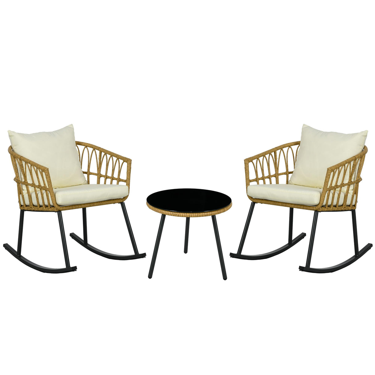 Outsunny 3 Piece Bistro Set with Cushions, Outdoor PE Rattan Wicker Patio Rocking Chair with 2 Porch Rocker Chairs, Glass Top Coffee Table Patio Conversation Set, Cream White Outsunny