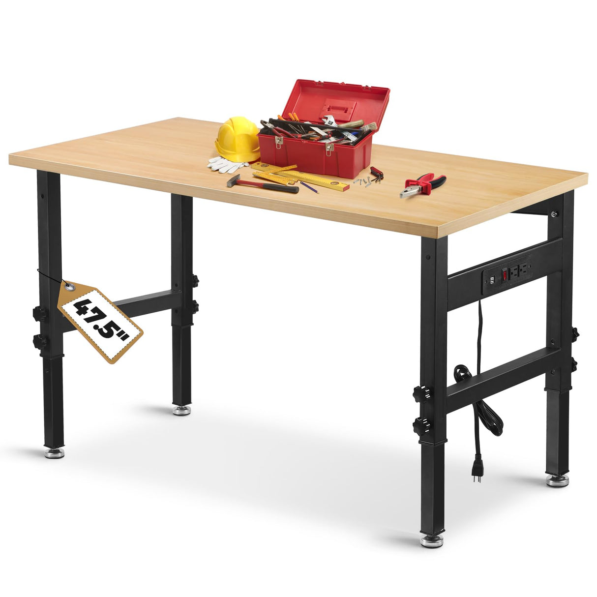 48" Adjustable Work Bench Garage Workbench with Power Outlets, 2200 Lbs Capacity Hardwood Top Work Bench Table Heavy-Duty Workbench for Garage, Workshop, Office, Home BMJX US