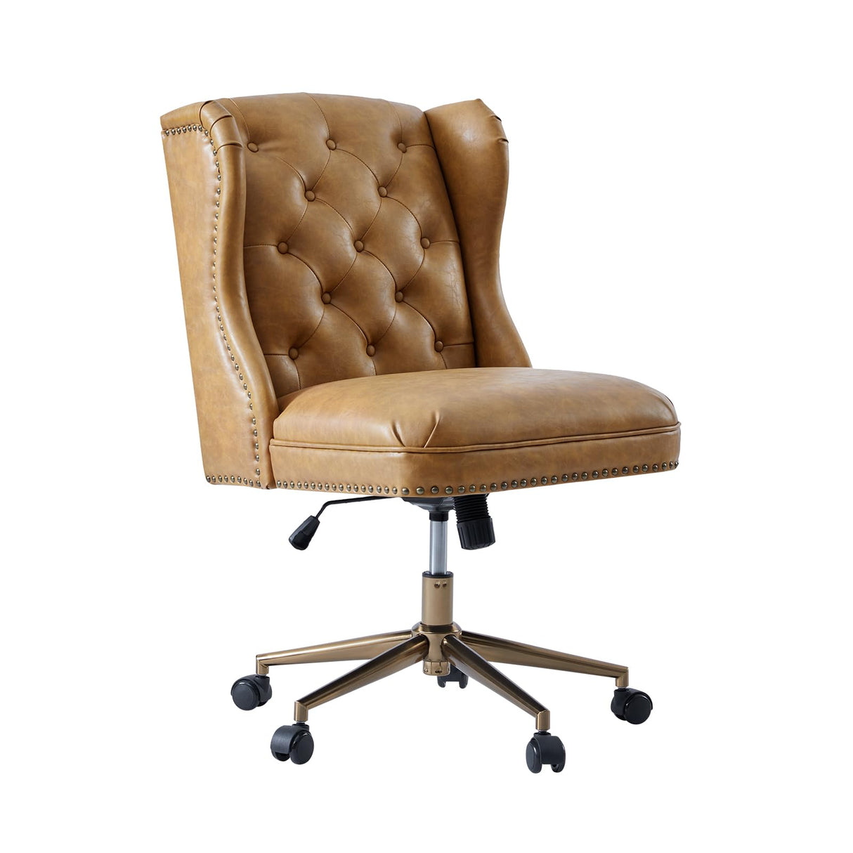 HULALA HOME Modern Faux Leather Desk Chair with Button Tufted Wingback, Adjustable Swivel Computer Chair with Nailhead Trim, Upholstered Task Chair for Home Office, Camel HULALA HOME