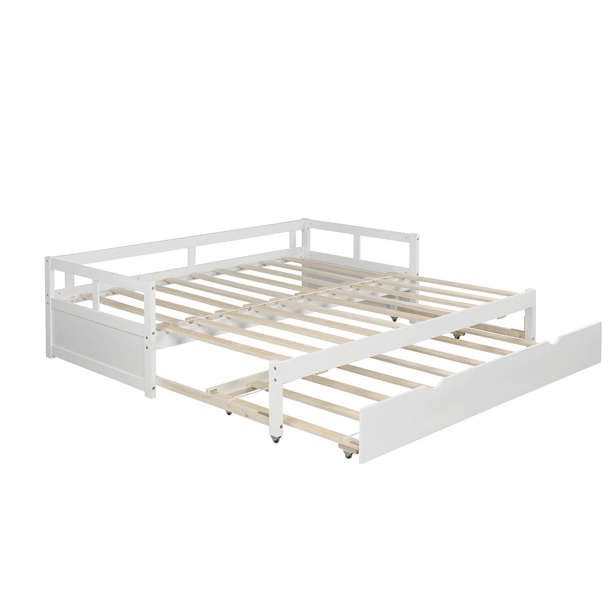 Extendable Daybed with Trundle Beds, Wood Daybed Frame with Pull Out Trundle, Twin to King Design Extending Daybed for Kids Girls Boys Teens Adults, No Box Spring Required, White Bellemave