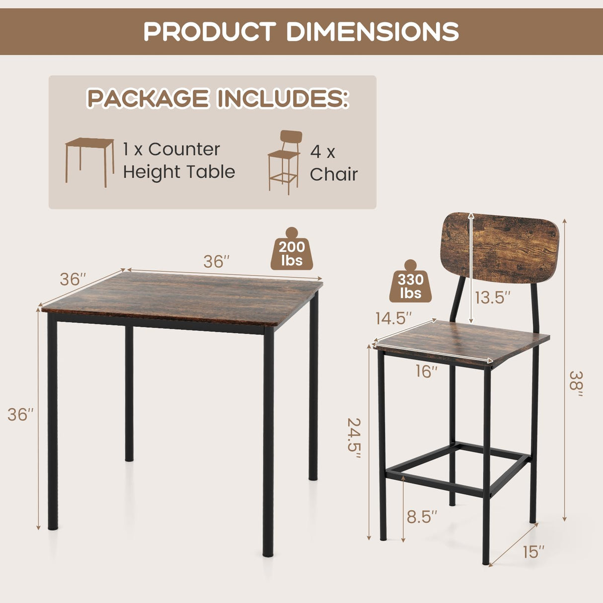 Giantex Industrial 5-Piece Counter Height Dining Set with Bar Stools in Mix Brown Giantex