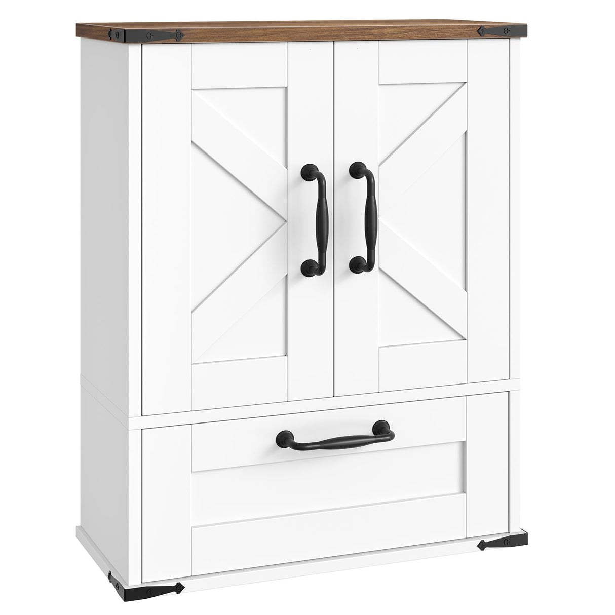 HOOBRO Farmhouse Wall Mounted Cabinet with Adjustable Shelf, Medicine Cabinet with Flip-Down Door, Over The Toilet Bathroom Organizer, for Small Bathroom, Kitchen, White and Walnut HOOBRO