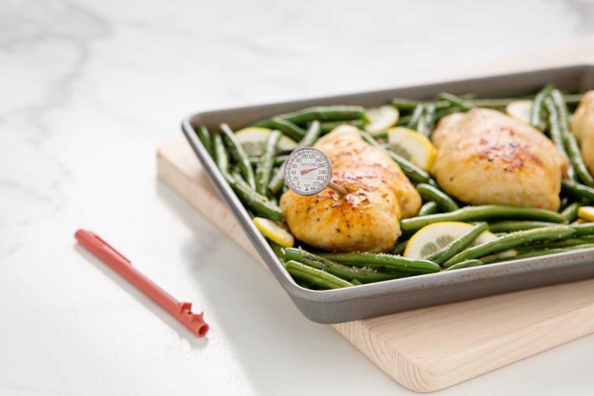 Taylor Instant Read Analog Meat Food Grill BBQ Cooking Kitchen Thermometer with Red Pocket Sleeve for Calibration, 1 inch dial, Stainless Steel Taylor