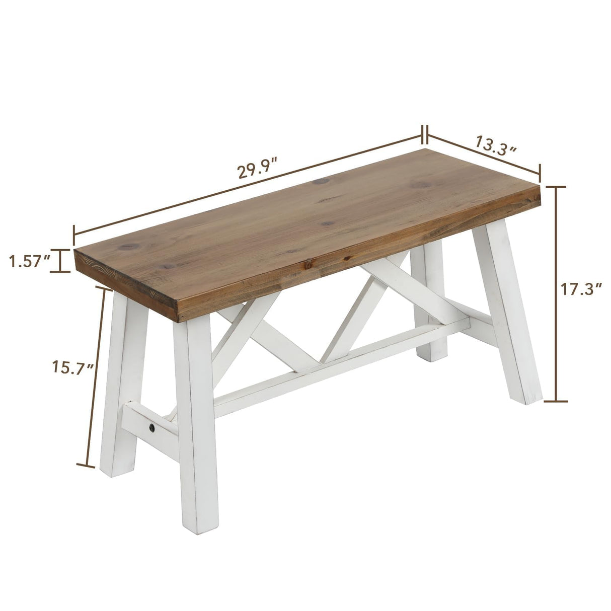 Wnutrees 30" Farmhouse Wood Bench, Rustic Solid Wood Entryway Bench Seat with Double X-Structure for Dining Room, Living Room, Hallway, Structural Stability, White Wnutrees