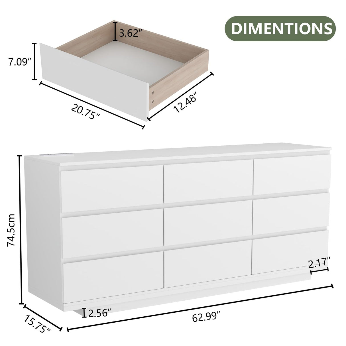 Gyfimoie 9 Drawer Dresser with Power Outlet, Floating White Dresser Chest of Drawer with LED Light,Modern Double Wide Drawer Organizer Cabinet for Bedroom,Living Room (9 Drawer-White) Gyfimoie