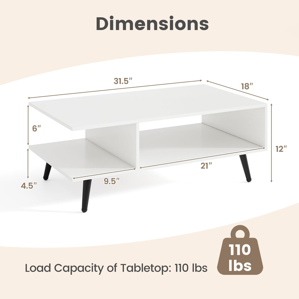 GOFLAME Wood Coffee Table, 2-Tier Mid Century Modern Center Table with 2 Open Storage Compartments & Metal Legs, Rectangular Accent Tea Tables for Living Room, Home Office, Apartment, White GOFLAME