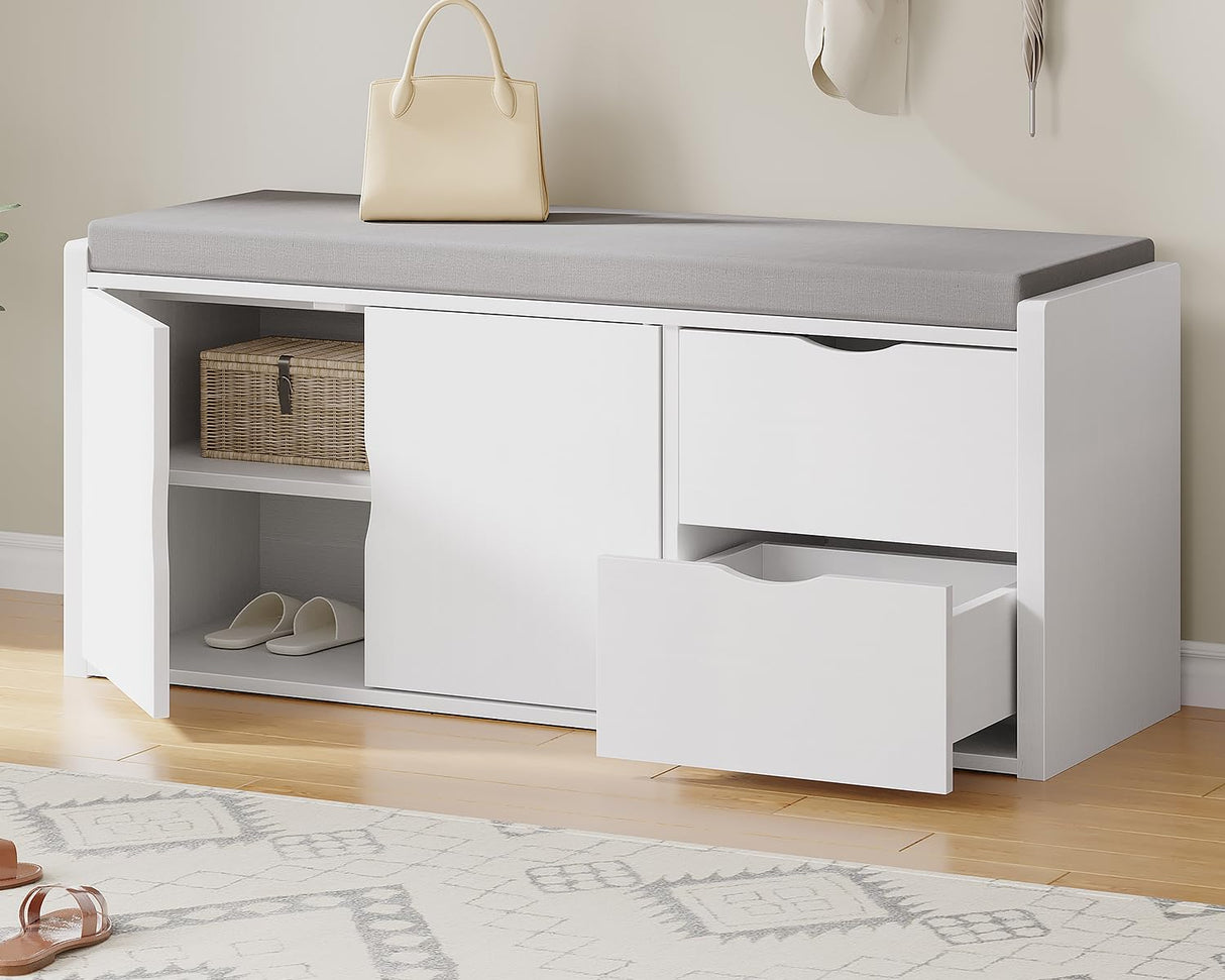 LVB Storage Entryway Bench, Long Shoe Bench with Drawers Storage Shelf, Modern Entry Way Bench with Padded Cushioned Seating, Wood Shoe Rack Bench for Foyer Entrance Living Bedroom, White Oak, 40in LVB