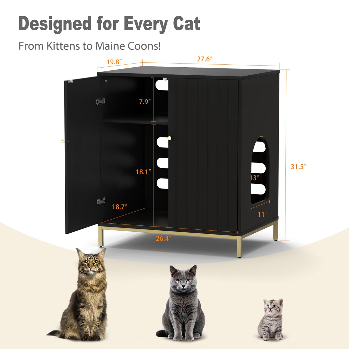 Convend Stylish Cat Litter Box Enclosure, Modern Hidden Litter Box Furniture with Tall Legs, Side Entrance, and Dual Use as End Table for Living Room or Bedroom (Black & Gold) Naisee