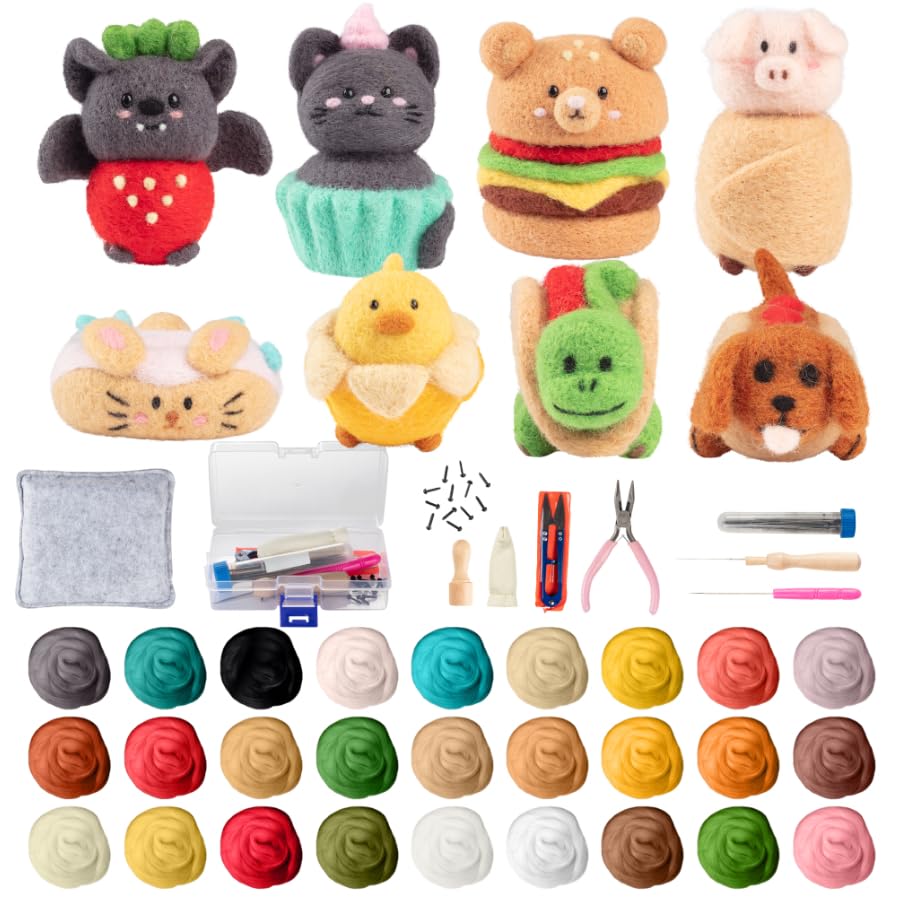 DIY Needle Felting Kit w Case- Animal Foodie Friends- Make 8 Adorable Designs- Starter Kit Includes Mat, Wool Felt Tools, Needles, Instructions- Homemade Arts & Crafts Gift, Kids & Teen Party Activity Idiy