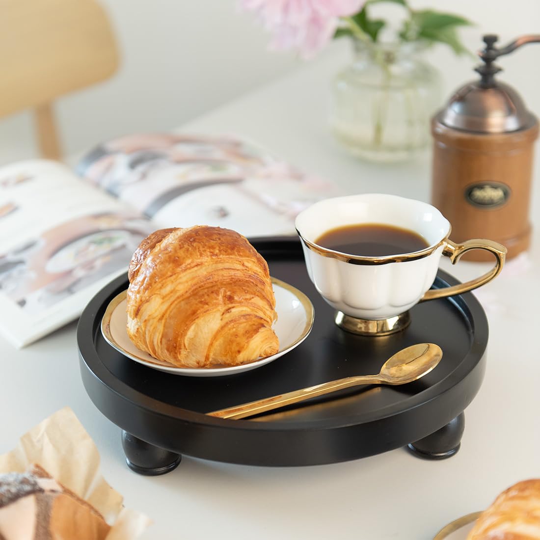 ROSE BLOOM Modern Wood Riser for Display, Farmhouse Pedestal Stand for Bathroom Counter, Kitchen Round Display Tray, Waterproof Organizer for Soap Home Decor (Black) ROSE BLOOM