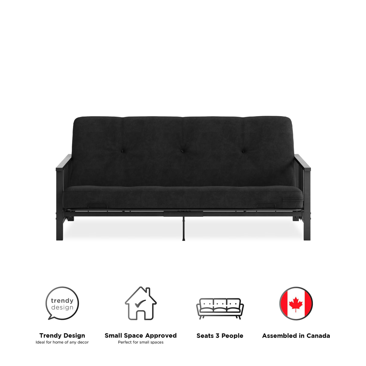 DHP Harlow Metal Arm Futon, Full Size Black Frame with 6" Grey Microfiber Mattress DHP