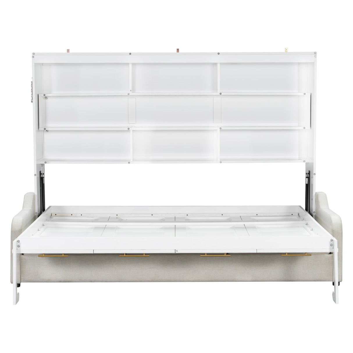 Merax Queen Size Murphy Bed with Storage Shelves and Light, Wooden Wall Bed Cabinet with Folding Sofa for Guest Room,Living Room and Bedroom Merax