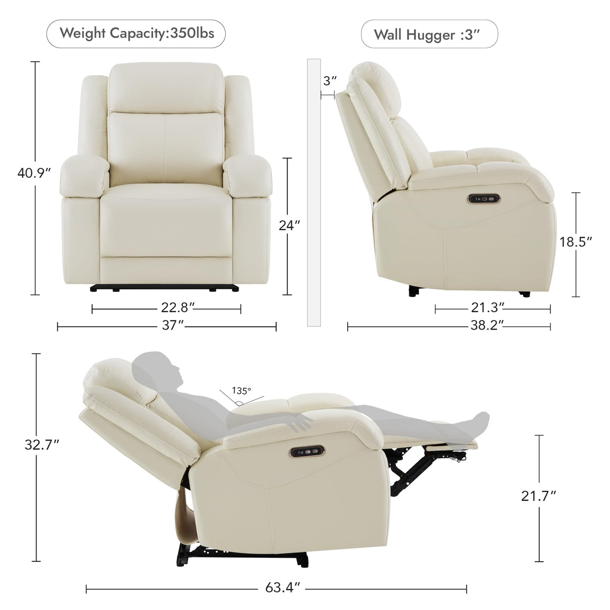 Watson & Whitely Genuine Leather Power Recliner Chairs for Adults, Wall Hugger RV Recliner with Power Headrest & Charging Ports, Electric Recliner Sofa Chair for Living Room, Cream Watson & Whitely