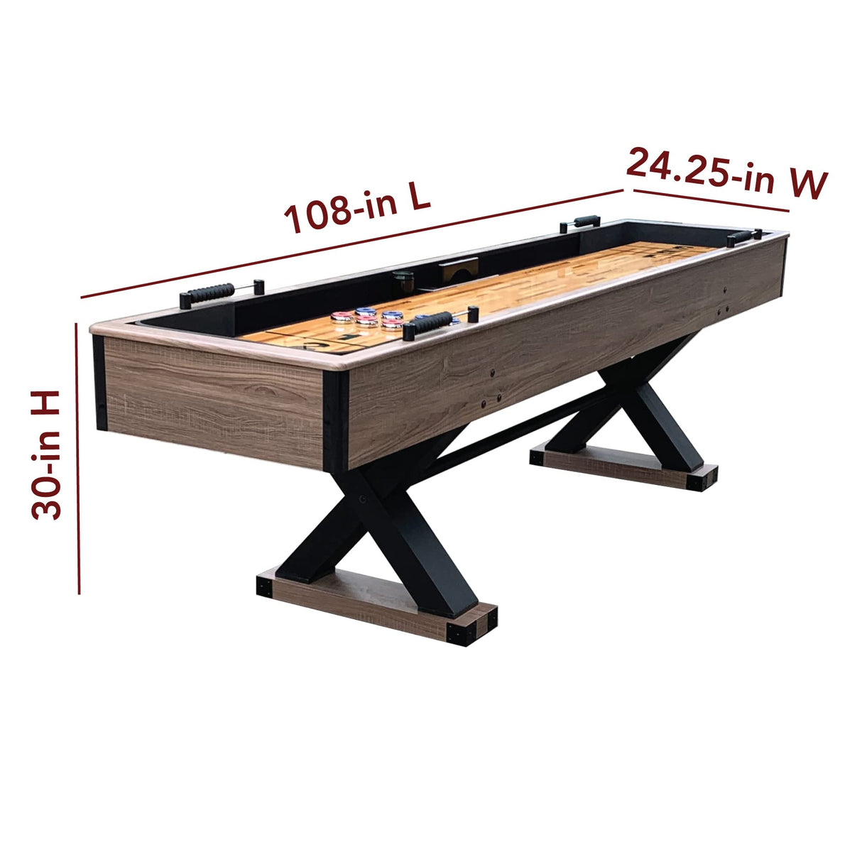Hathaway Excalibur 9-Ft Shuffleboard Table for Great for Family Recreation Game Rooms, Designed with a Rustic Driftwood Finish with Built-In Leg Levelers, Includes 8 Pucks, Table Brush and Wax Hathaway