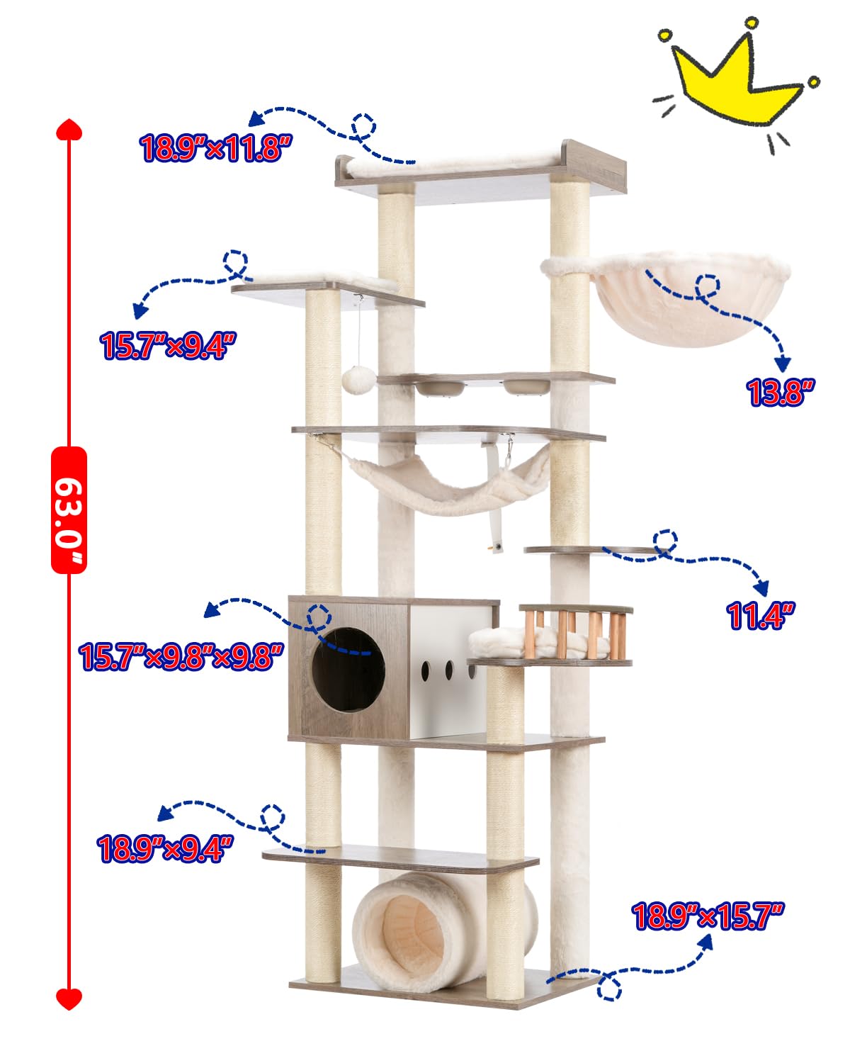 Gitelsnour Cat Tree, 64" Tall Wood Cat Tower for Indoor Cats Large Adult, Modern Cat Condo with Scratching Post and Food Station, Cat Tunnel, 2 Cat Bowls, Hammock, Rustic Gray GCT101-MSG Gitelsnour