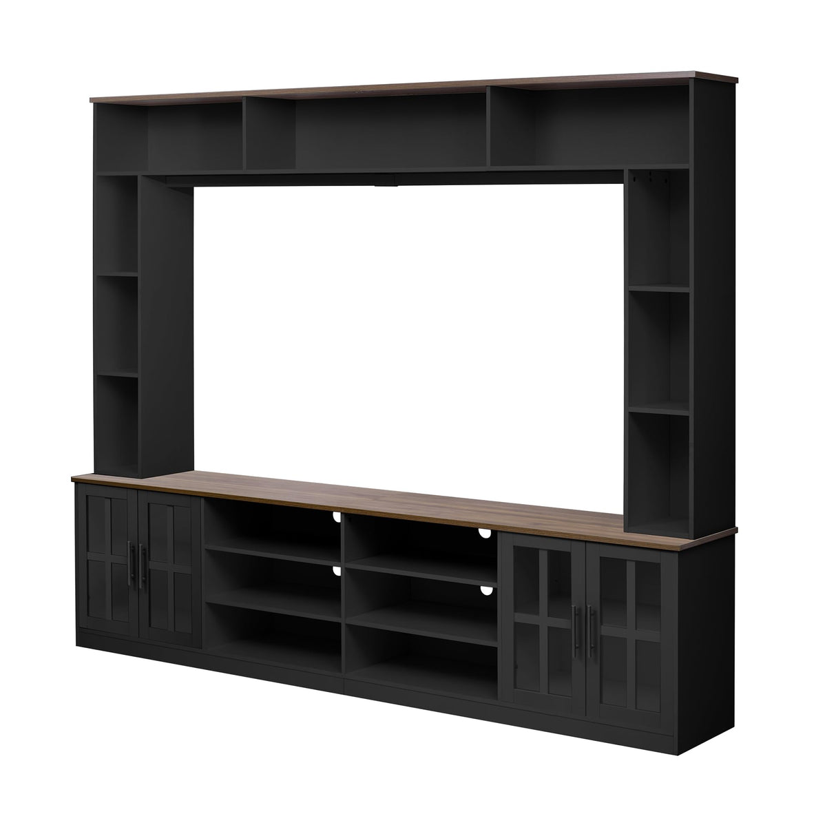 Tdewlye 95.5" W Wall Unit TV Stand Media Console with Bookshelves for TVs up to 80", Entertainment Center with Cabinets, Tempered Glass Doors and Adjustable Shelves,for Living Room (Black@W) Tdewlye