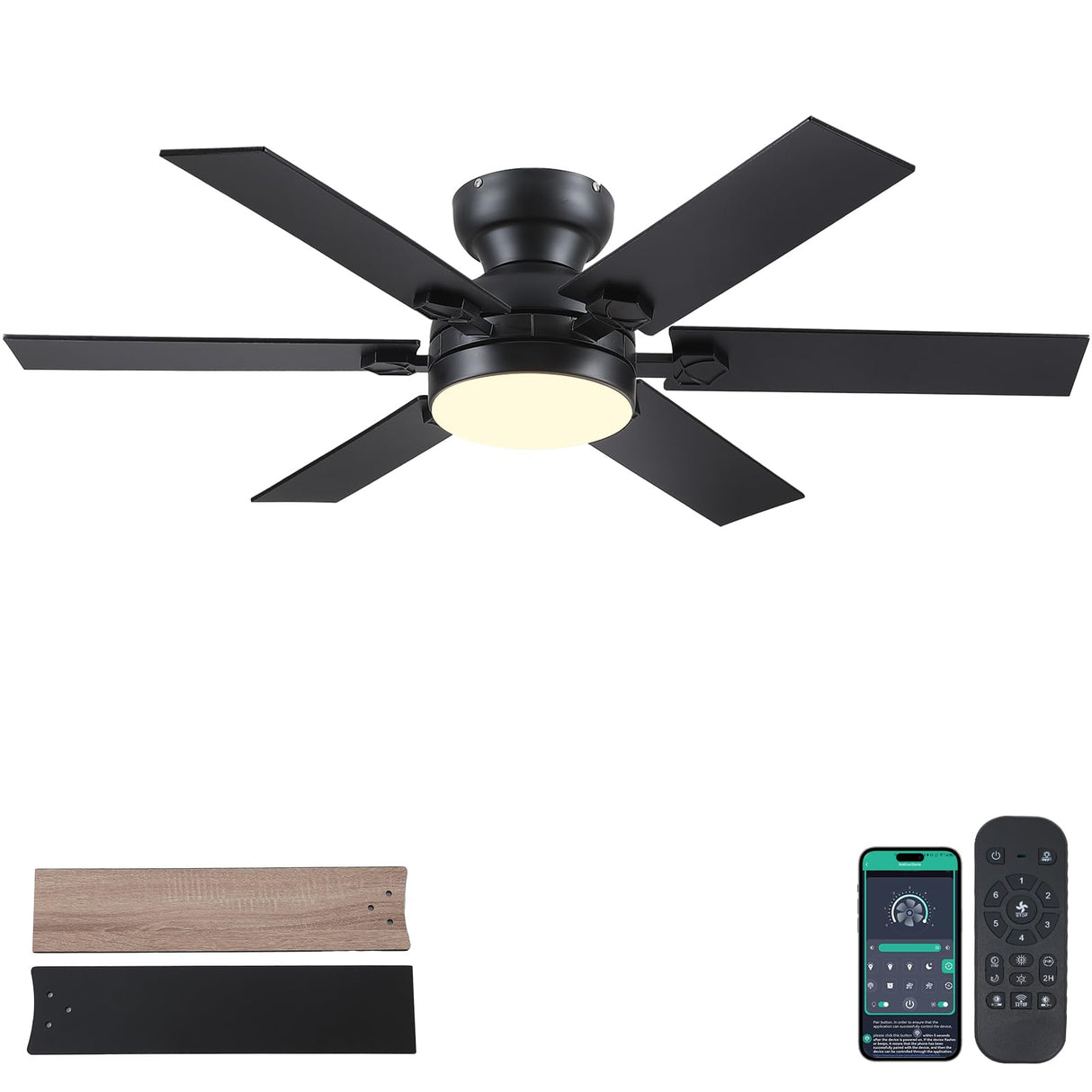 Goniyado 52" Low Profile Ceiling Fans with Lights and Remote,Black Outdoor Ceiling Fans with Quiet DC Motor, Dimmable 6 Speeds Reversible,Modern Flush Mount Light Fans for Living Room Patio Kitchen Goniyado