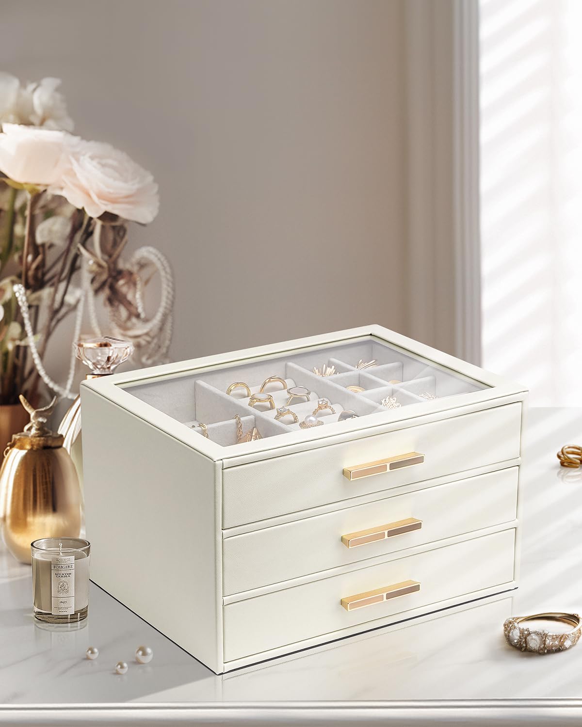 Vlando Jewelry Box for Women, Glass Lid Jewelry Organizer with 3 Drawers for Necklaces Rings Earrings Bracelets Mother Day Gift for Mom - Cloud White Vlando