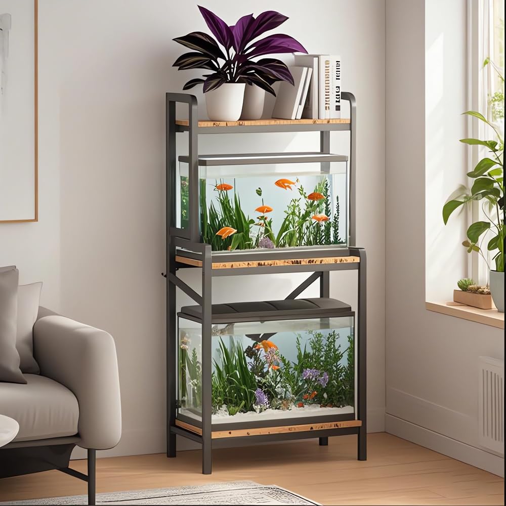 KaKaBB 5-10 Gallon Fish Tank Stand, Upgrade Heavy Duty Aquarium Stand with 3-tier Storage Shelf Fits Turtle Tank, Reptile Tank (BLACK) KaKaBB