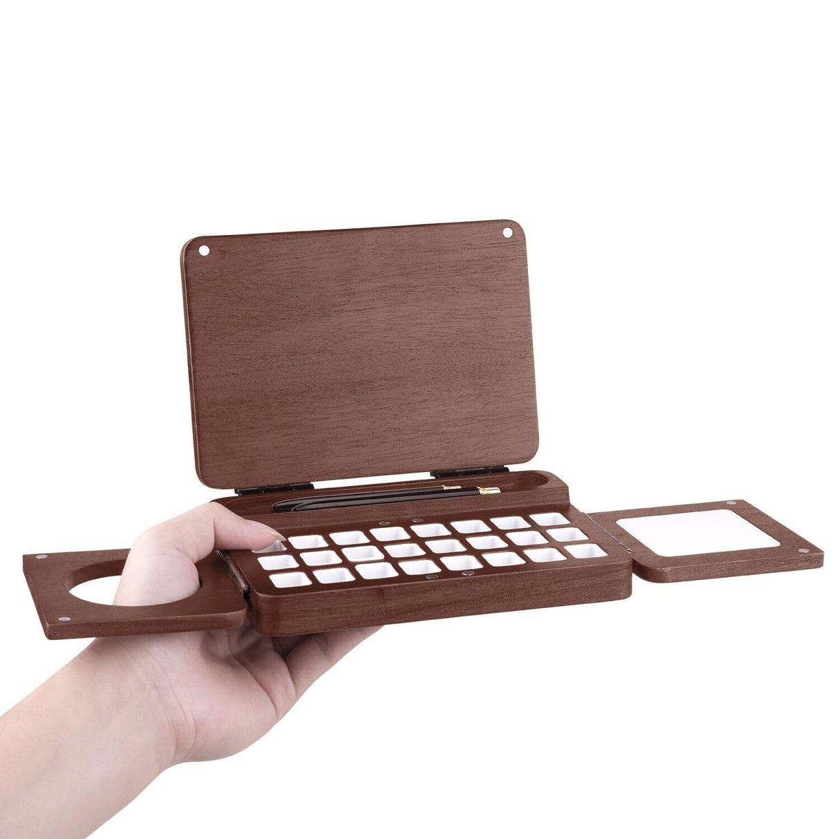 Fuumuui Travel Watercolor Palette 24 Grids Foldable with 2pcs Sable Travel Watercolor Brushes, Portable Walnut Wood Palette Box for Plein Air Painting Fuumuui