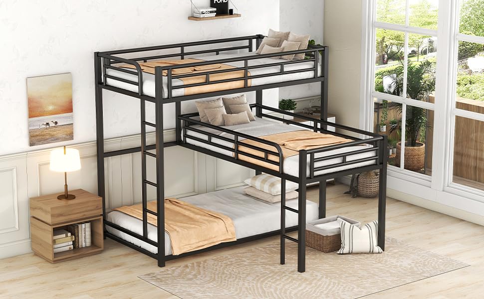 Harper&Bright Designs Metal L-Shaped Triple Double Bed, Stable Frame, Full Guardrail, Space Saving Double/Triple Bed, Black Harper & Bright Designs