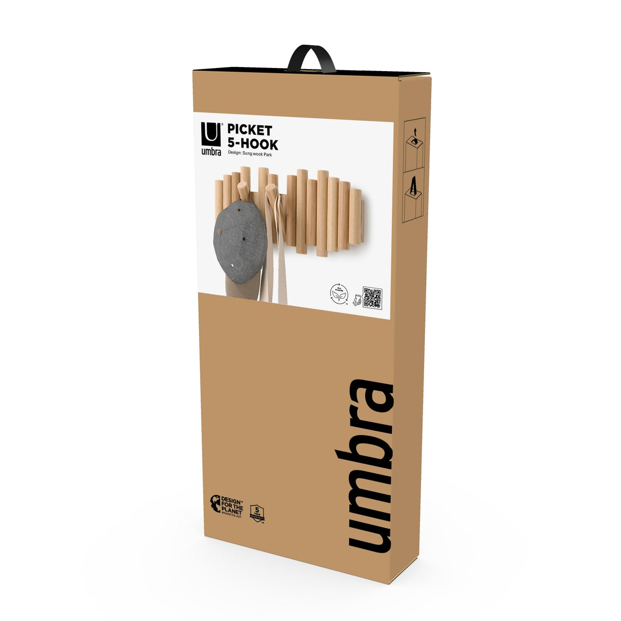 Umbra Picket 5 Hooks, Wall-Mounted Rail, Doubles as Art, Beveled Pine Wood Dowels, Natural Finish Umbra