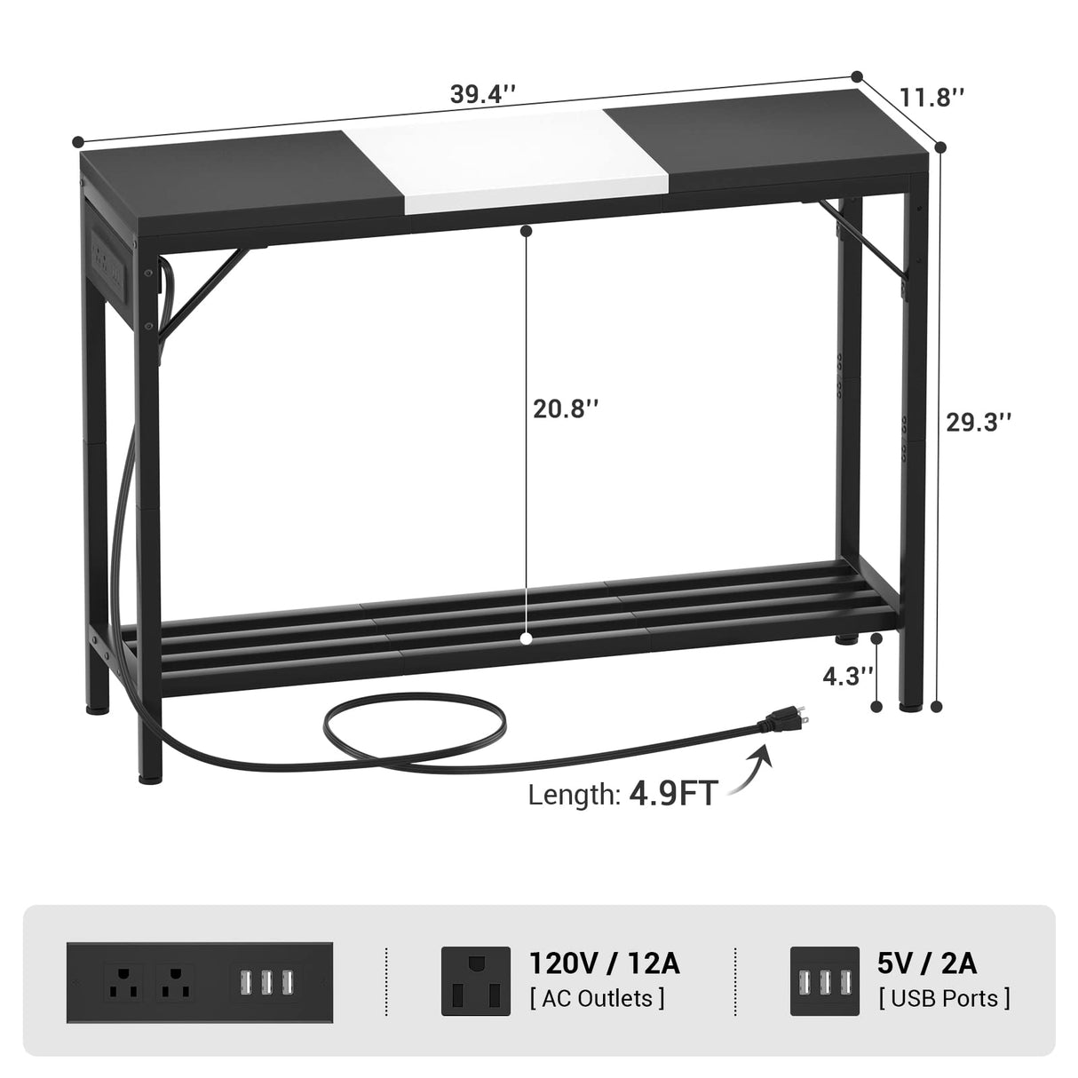 Narrow Console Table with Power Strips, Sofa Table with Storage Shelves for Living Room, 2-Tier Foyer Table for Entryway, Hallway, Behind Couch, Kitchen Counter, 39'', Black & White armocity